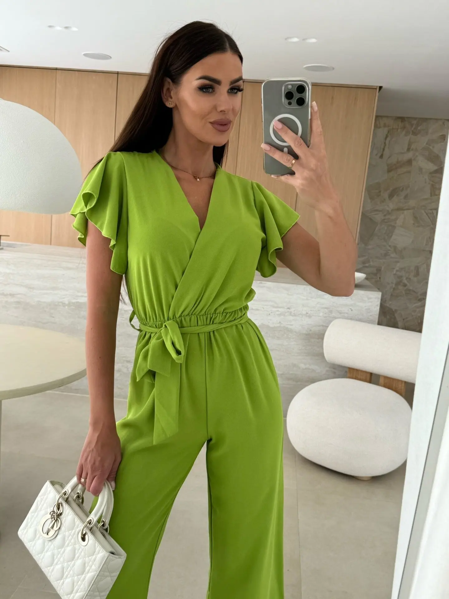 

Summer Short Sleeve Hollow Out V-neck Elastic Waist Female Overalls with Belt Lady Ankle-length Pencil Pants Jump Suit for Women