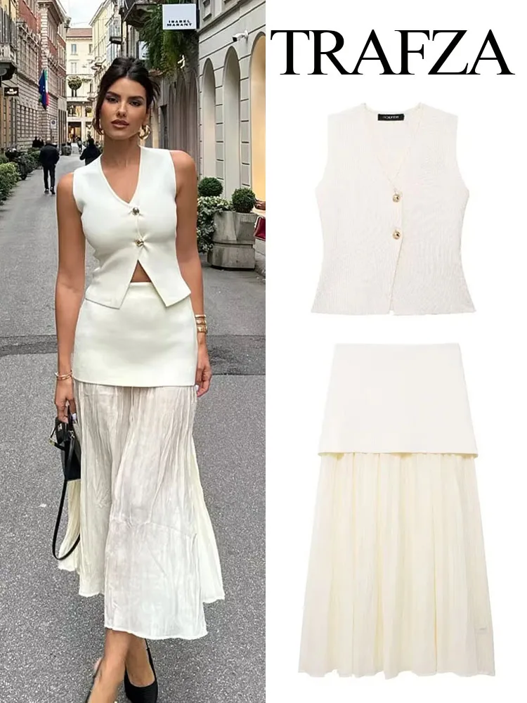 TRAFZA Women 2 Piece Set Chic V-Neck Sleeveless Button Knitted Vest Top+Splicing High Waist Side Zipper Ankle-Length Skirt TRAF image 2