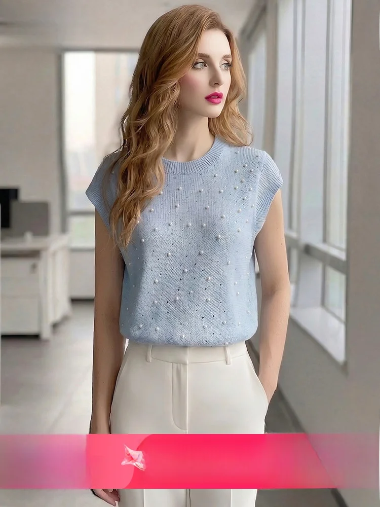 

Phoebe Pearl round Neck Knitted T-Shirt Women's Short Sleeve Loose Fit Summer Casual Style Standard Edition Polyester Fiber