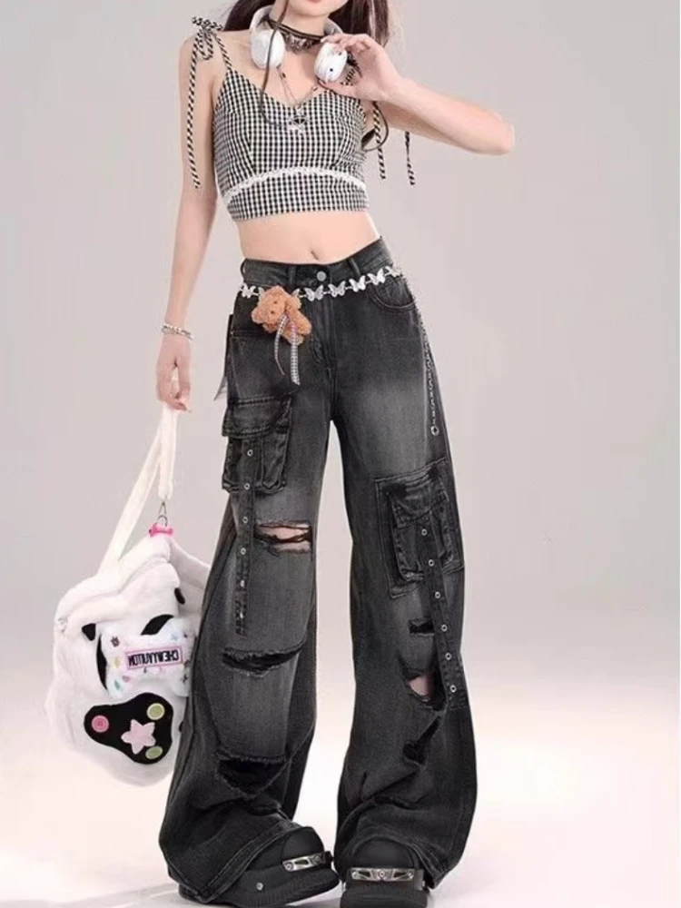 

Женские японские уличные брюки-карго Y2k, мешковатые длинные брюки, джинсовые брюки с высокой талией, винтажные джинсы Gyaru 2000-х годов, эстетические гранж-джинсы