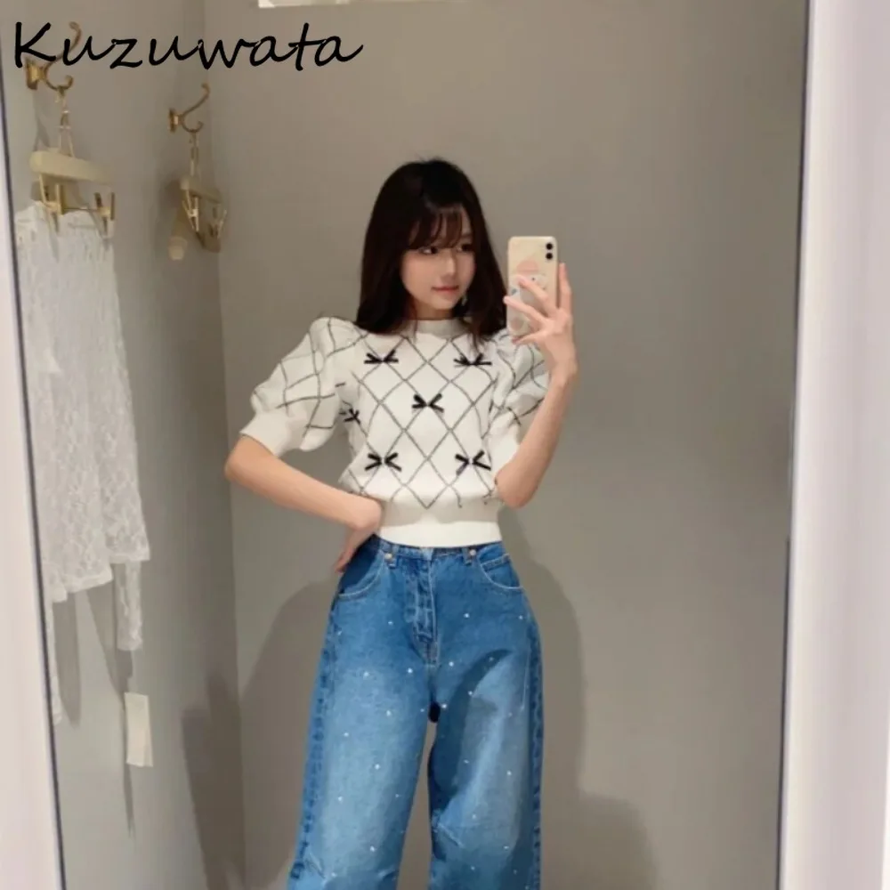 Kuzuwata Sweet O Neck Puff Sleeve Pullover Jumper Plaid Bow Elegant All-match Sweaters Japan New Pearl Knit Patchwork Pull Femme