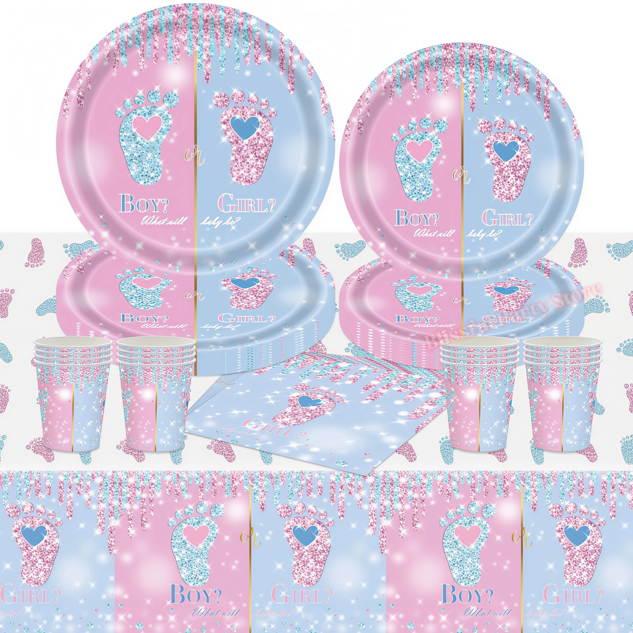 Geschlechts-Enthüllungs-Party Dekorations-Set Junge oder Mädchen Pappteller Becher Servietten Babyparty Rosa Blau Baby-Party Tischdekoration
