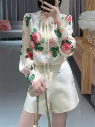 Women's clothing Shirts and Blouses High-grade Stand-up Collar Rose Silk-like top Ladies Lace-up Printed Shirt Loose Shirt