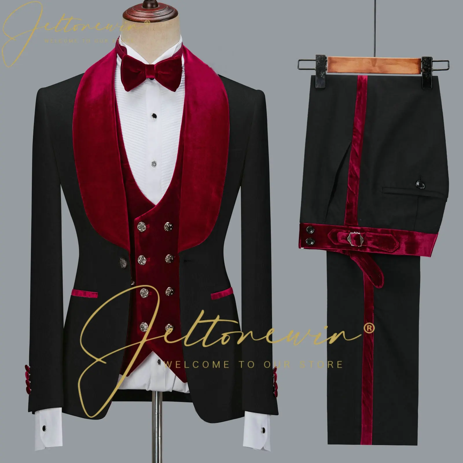 

Black Floral Mens Suits For Wedding 3 Pieces Burgundy Lapel Groom Tuxedos Slim Fit Male Prom Blazer Terno Masculino