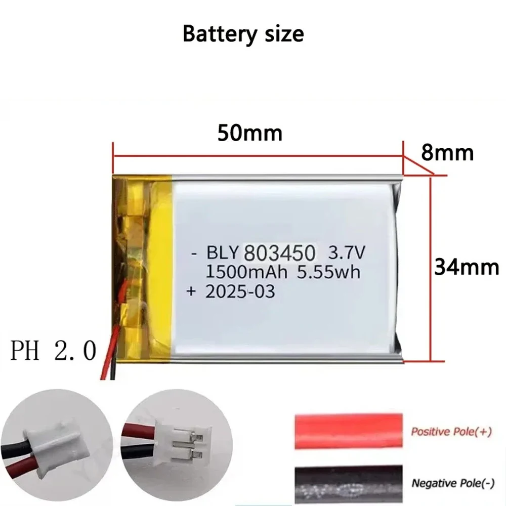 Akumulator litowo-polimerowy 3,7 V 1500 mAh 803450 do zestawu słuchawkowego Bluetooth, aparatu, GPS, audio, radiotelefonu — zdjęcie produktu 6