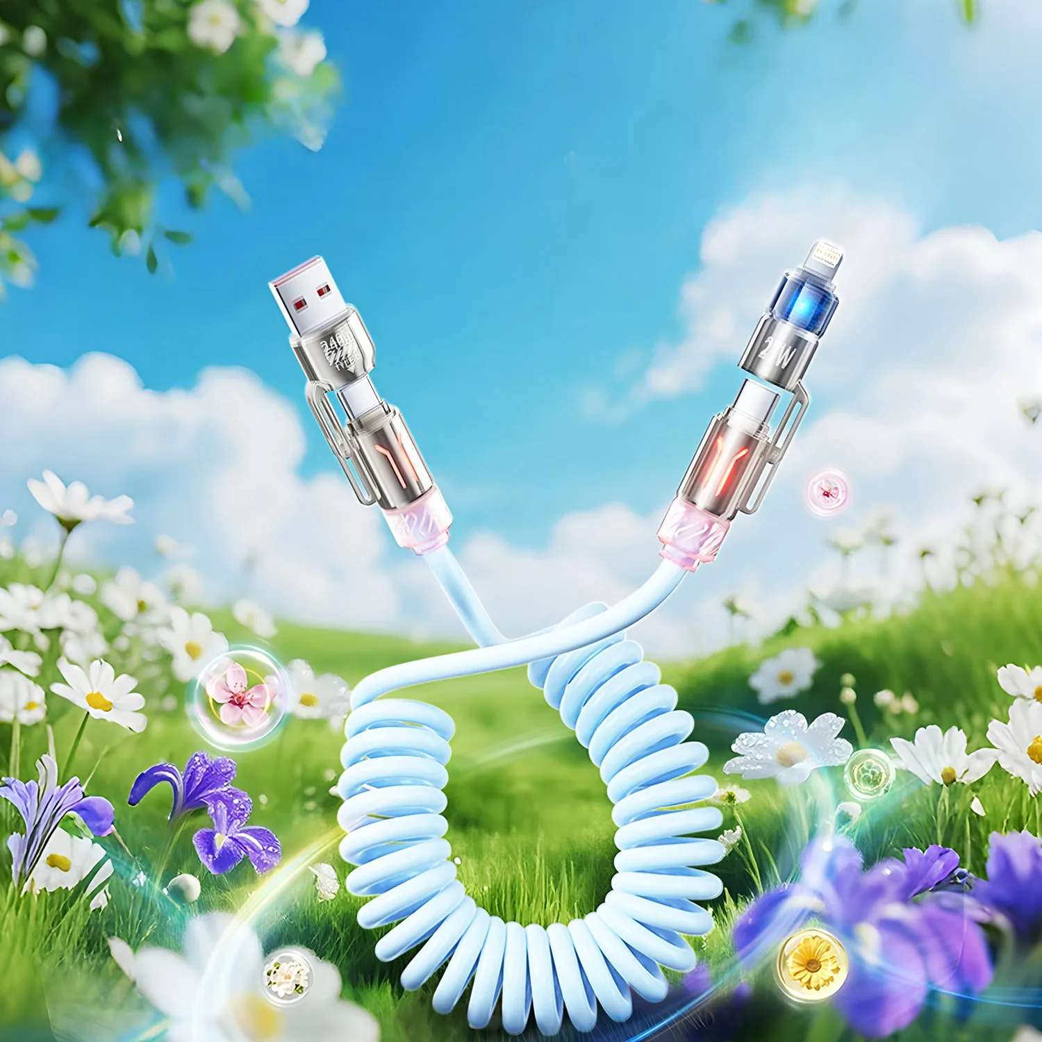 240W Spring 4 in 1 Fast Charging Cable,USB A/C to USB C/L,Multi Functiona Retractable Cord for iPhone 17/16,Samsung Galaxy S25