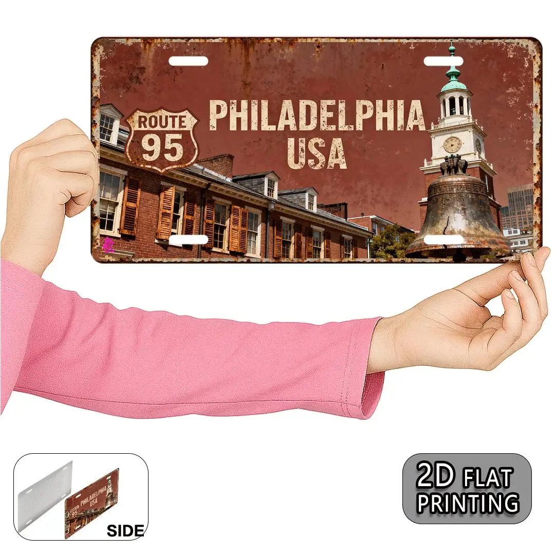 2D Flat, 1pc Philadelphia Vintage Metal Sign - 15x30cm Aluminum Wall Art with Route 95 & Bell Design, Rustic Brown & Decorative