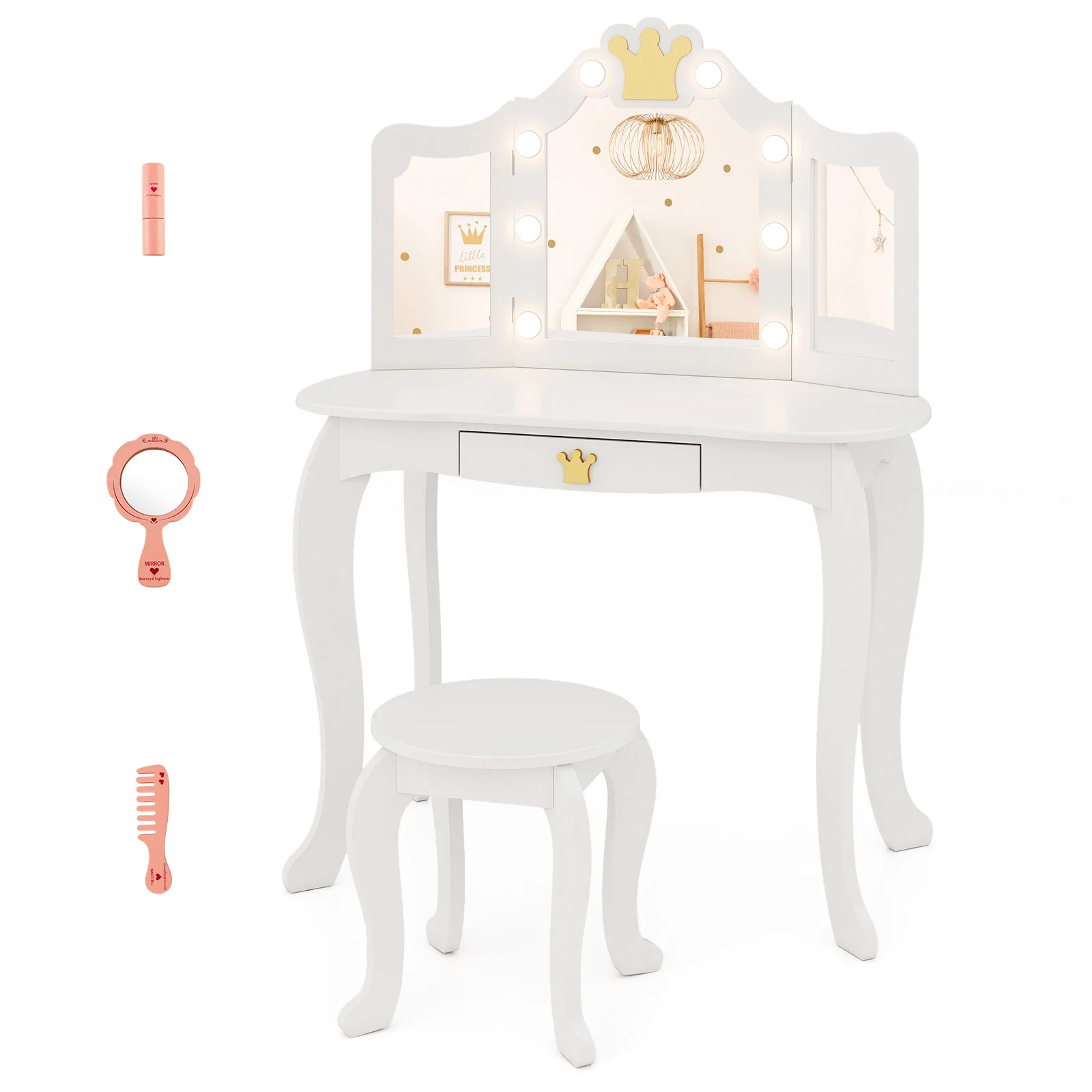 

Kids Vanity Set Princess Vanity Table & Chair Set with Lighted Mirror