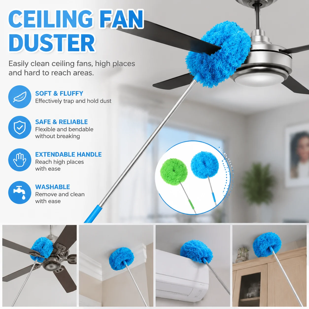 2PCS Long-Handled Microfiber Ceiling Fan Duster - Dust-Locking, Reusable, Effortless Cleaning Brush -Ideal For RVs & Home Use