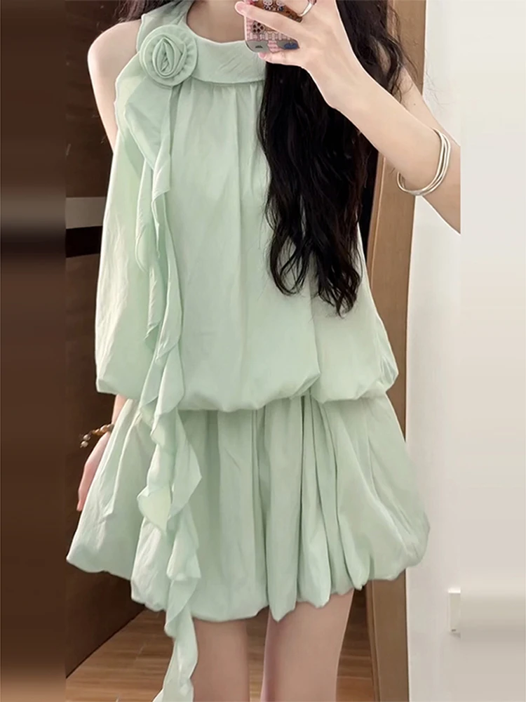 

Women's Summer Fashion Slim Fit Waist Cinching Floral 3D Design Sleeveless Shoulder Bared Dress Flower Bud Short Skirt Set