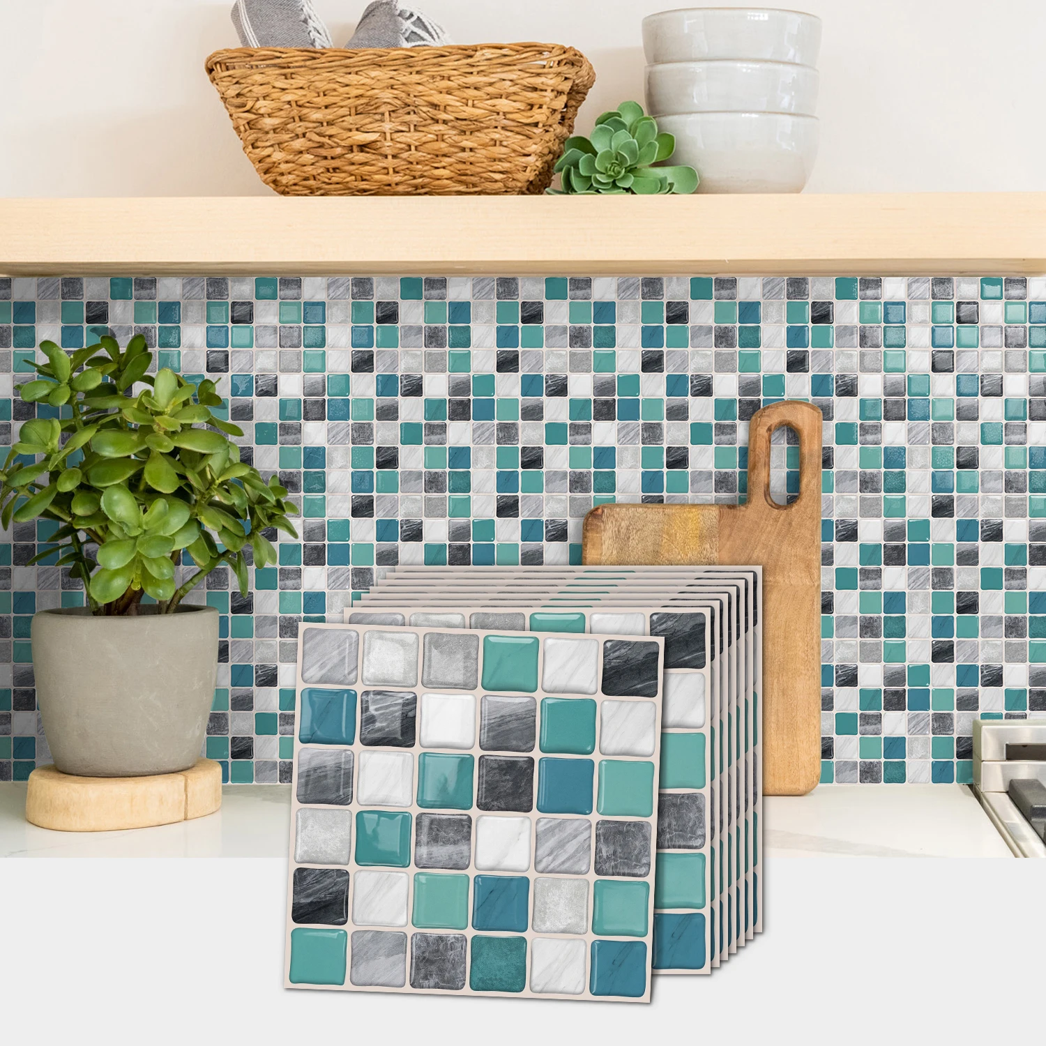 6x6 inch blue mosaic 3D tile sticker, waterproof peel off adhesive bathroom kitchen sticker