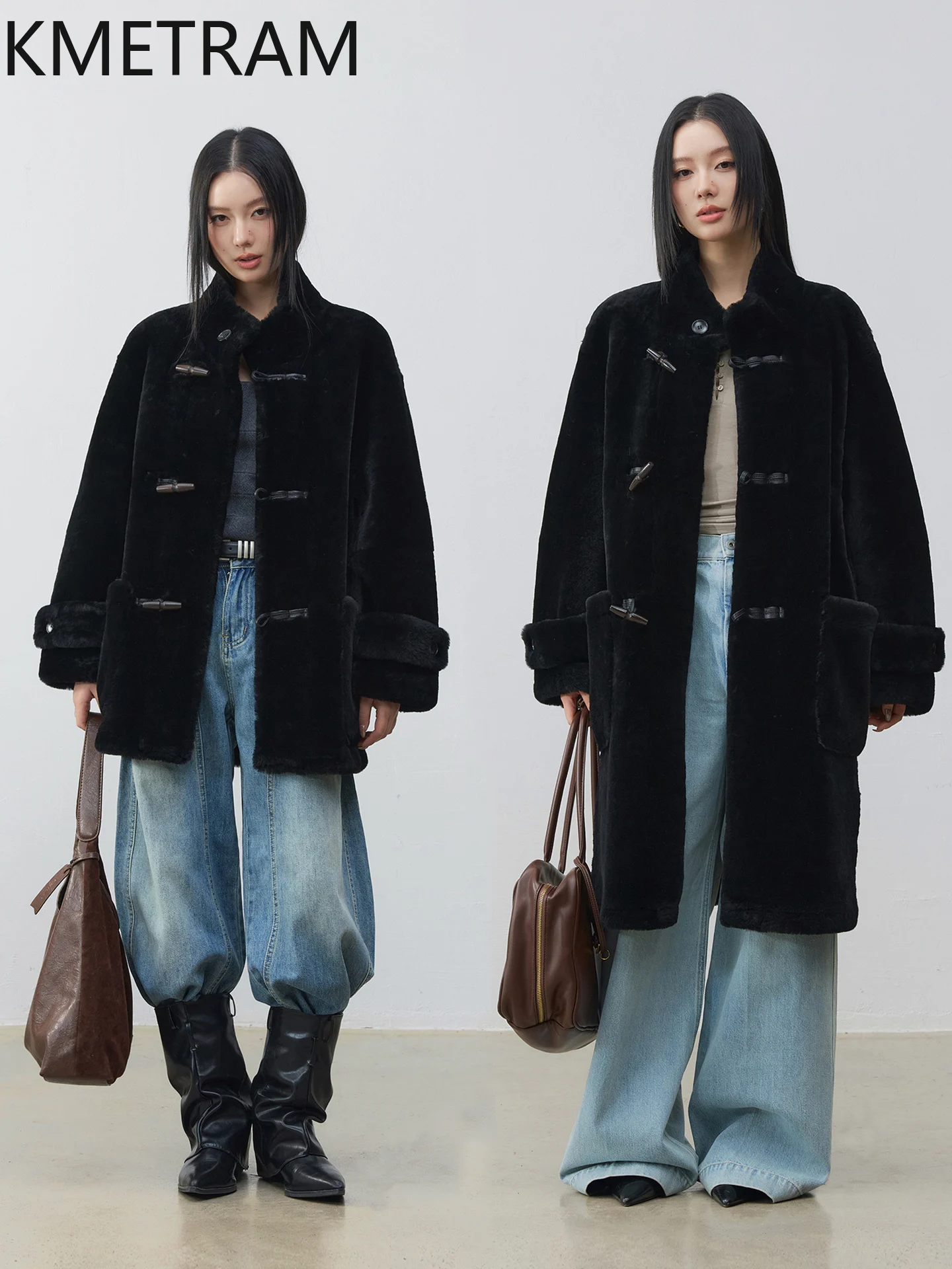 KMETRAM جلد الغنم ميرينو الطبيعي مع الصوف المرفق معطف خمر الوقوف طوق سترة الفراء الحقيقي ملابس امرأة معاطف الشتاء 2025