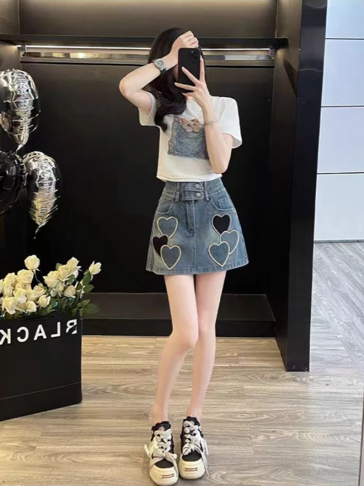 Summer Casual Sweet 2 Piece Set for Women Cat Print Tops + Love Embroidered All Match Denim Skort Vintage Daily Female Outfits