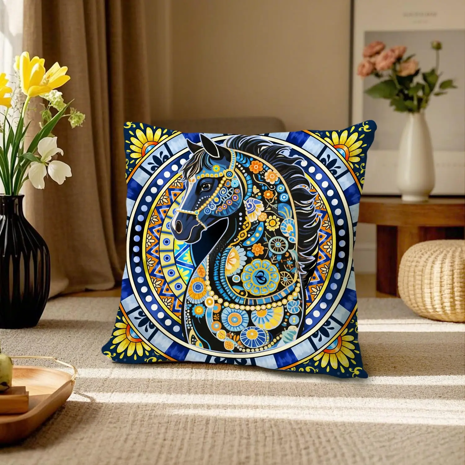 Boho Mandala Pferde-Kissenbezug mit Tribal-Blumenmuster, Bohemian Wohndekor Geschenk