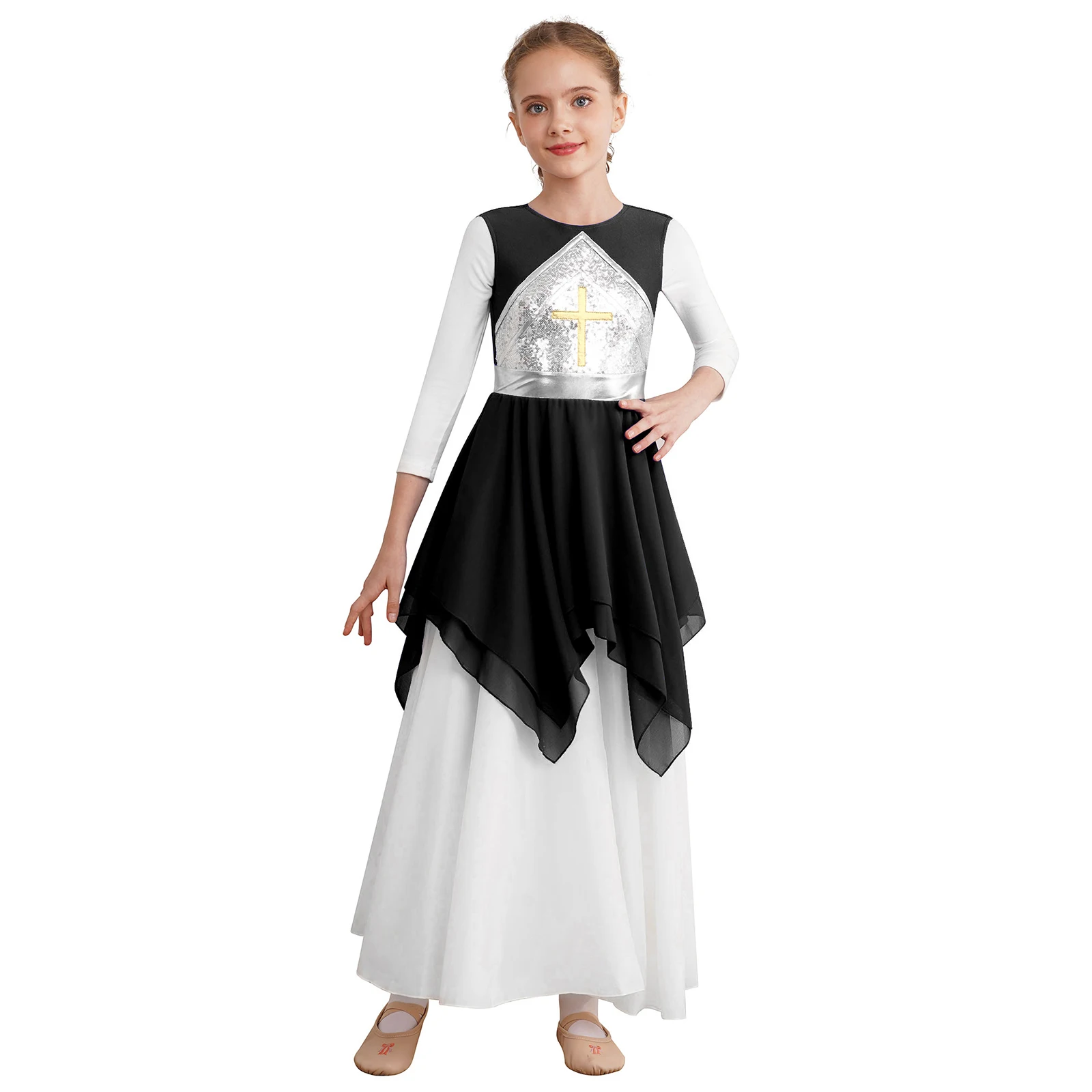 Kids Girls Liturgical Choir Praise Modern Dance Costume Color Block Sleeveless Dresses Metallic Shiny Sequins Lyrical Dancewear