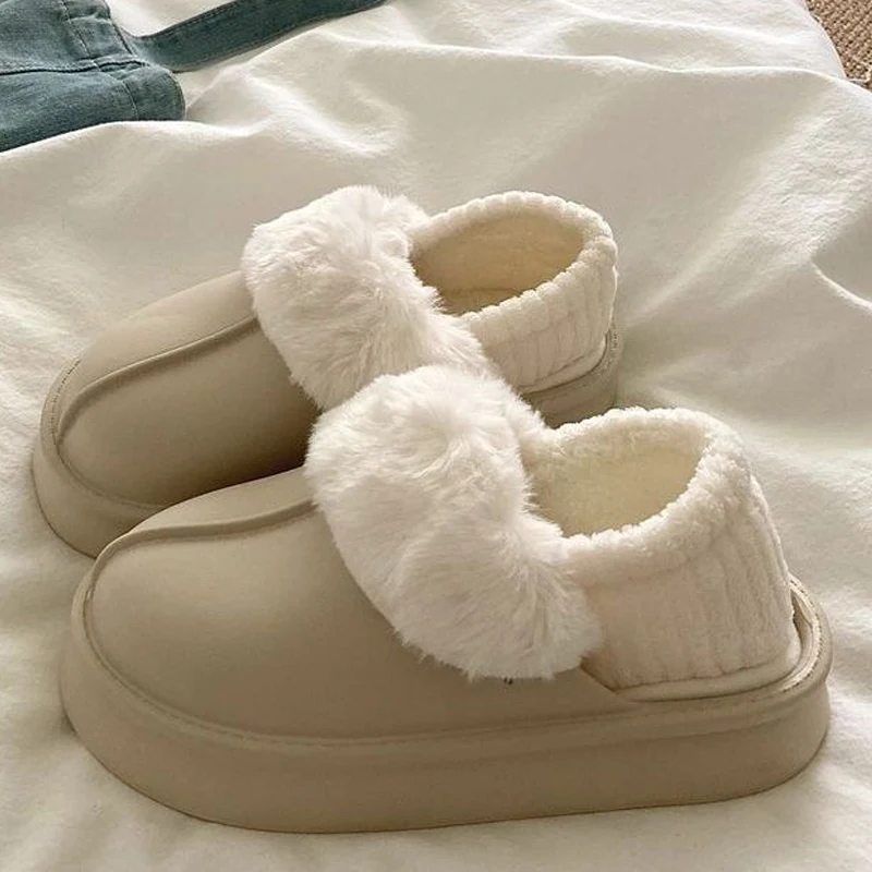 Crestar Winter Women Fuzzy Slippers New Outdoor Waterproof Cotton Shoes Warm Fluffy Home Slides Detachable Plush Cotton Slippers