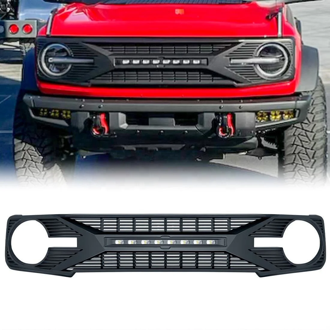 Matte Black ABS Front Armor Grill Bumper Grille w/ LED Off-Road Lights for Ford Bronco 2021-2023