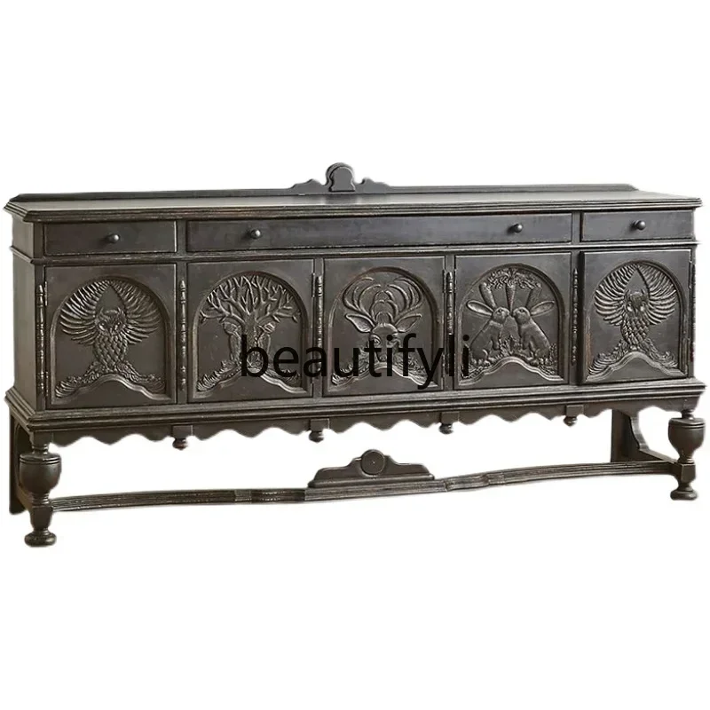 French retro solid wood carving flower dining side cabinet antique art TV cabinet American porch cabinet6220