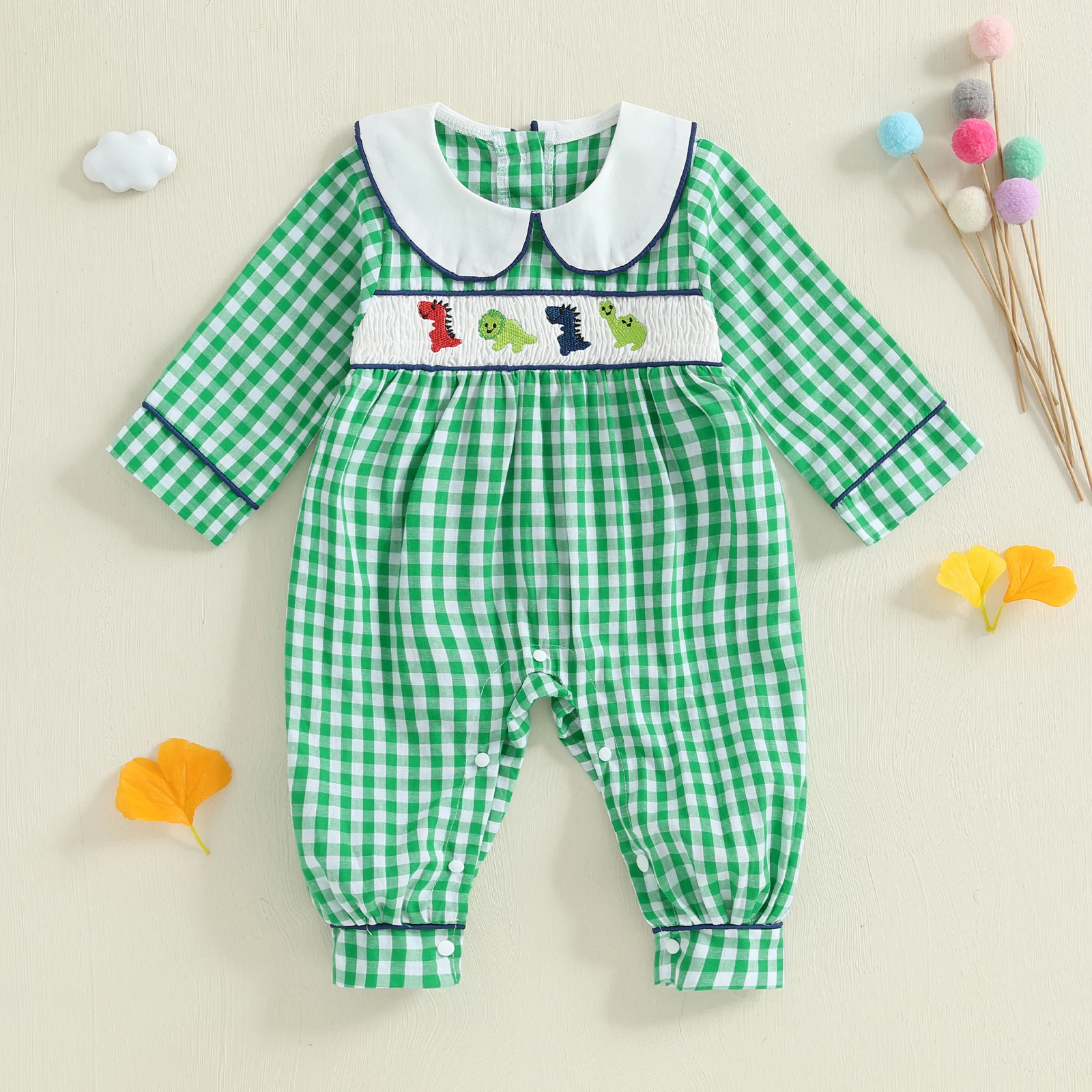 

Осенний наряд для новорожденных мальчиков, комбинезон с вышивкой динозавра, клетчатый комбинезон с длинными рукавами, комбинезон, одежда для младенцев