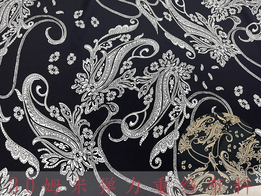 30 Momme High Quality Real Silk Elastic Heavy Crepe Clothing Fabric Black Background White Vintage Totem Inkjet Designer