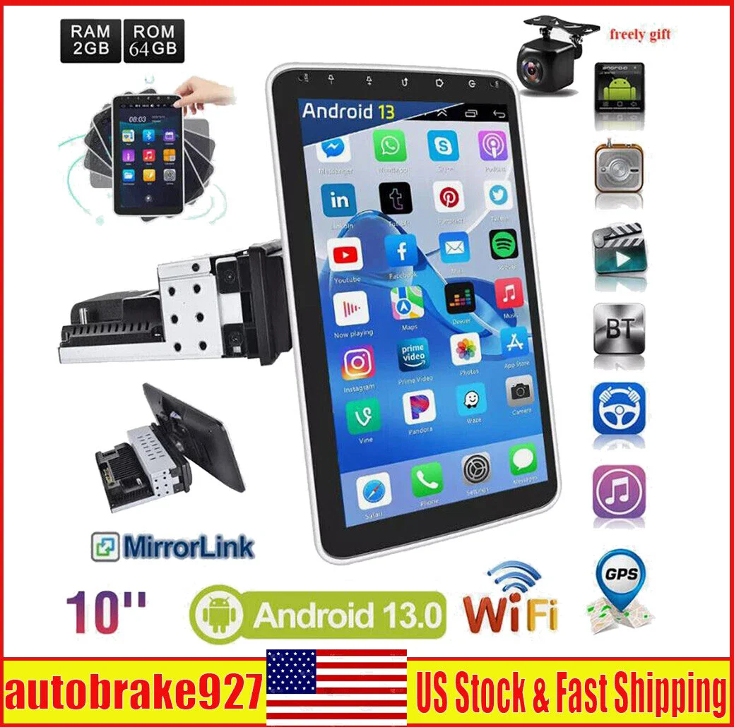 

Car Multimedia Player Single 1 DIN 180°Rotatable 10.1'' Android 13 2+64G Wireless Carplay Touch Screen Car Stereo Radio GPS WiFi