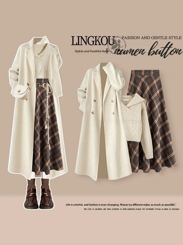 

Fashionable Large Size Autumn Winter Set Women's College Style Age-Defying Jacket Elegant Sweater with Plaid Skirt Three...