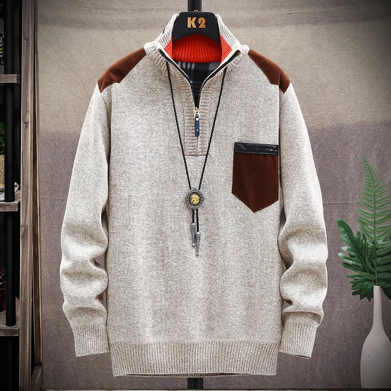 

Men Knit Sweater Thick Winter Pullover Korean Half Zipper Male Autumn Clothes Stand Collar Autumn Winter Outerwear Luxury Cloth