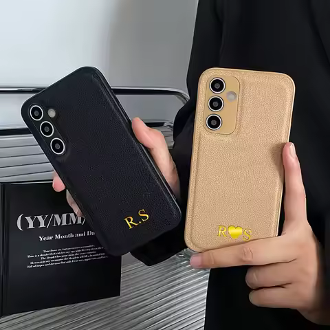 Personalize Customized Initials Name Leather Phone Case For Samsung S25 S24 Ultra S21 S22 S23 Plus Lens Protection Cover