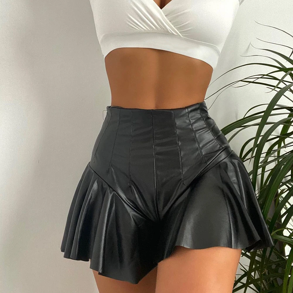 Women Faux Leather Mini Pants A-line Ruffle Black Shorts High Waist Exotic Club