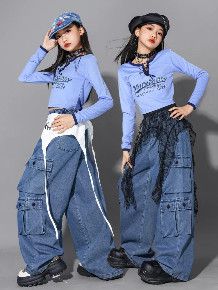 Kpop 2025 meninas roupas jazz hip hop dança traje azul denim calças de carga mangas compridas roupas desempenho dança rua bl18029