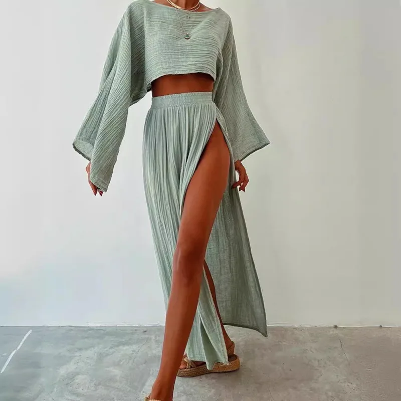 2024 Women Long Dress Short Top Two-piece Vacation Beach Sexy Cotton and Linen Slit Casual High Waist Fashion Solid Dress Sets