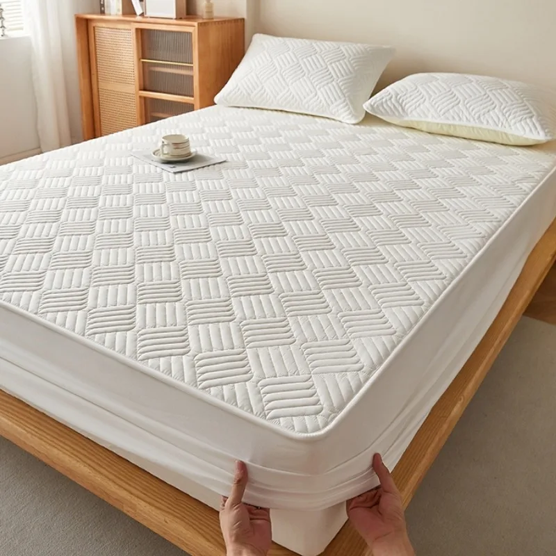 2025 new solid color jacquard washed cotton polished padded fitted sheet  available in all seasons, including pillowcases