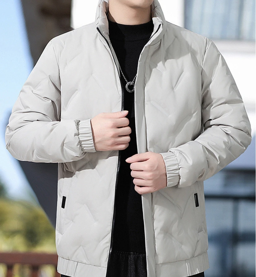 Jaket bulu angsa bermotif berlian kerah berdiri pria, tahan angin, hangat, ringan, jaket slim fit, atasan kasual serbaguna