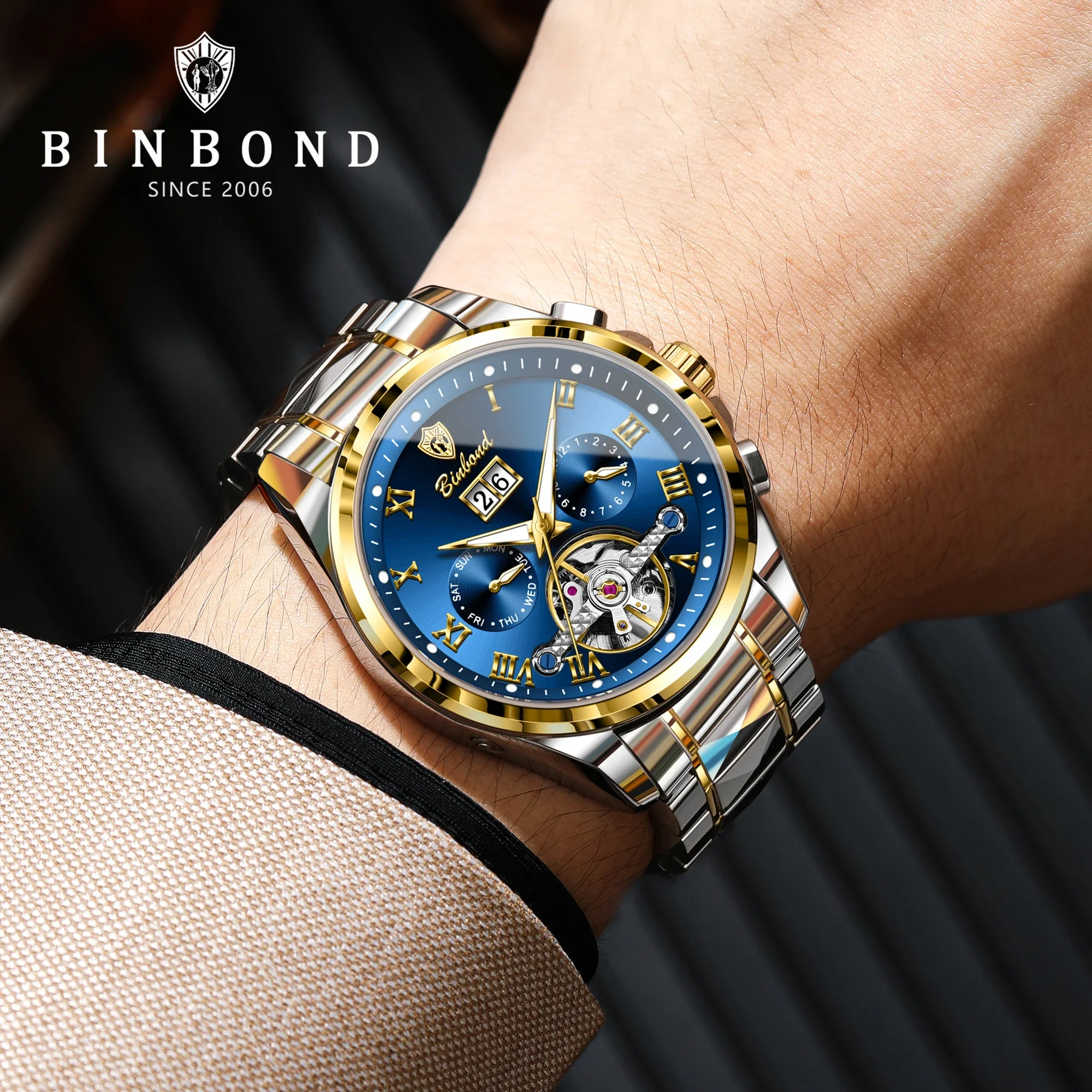 BINBOND Top Luxury Automatic Mechanical Man Watch Date Waterproof Wristwatch New Hollow Tourbillon Stainless Steel Men's Watches view 6