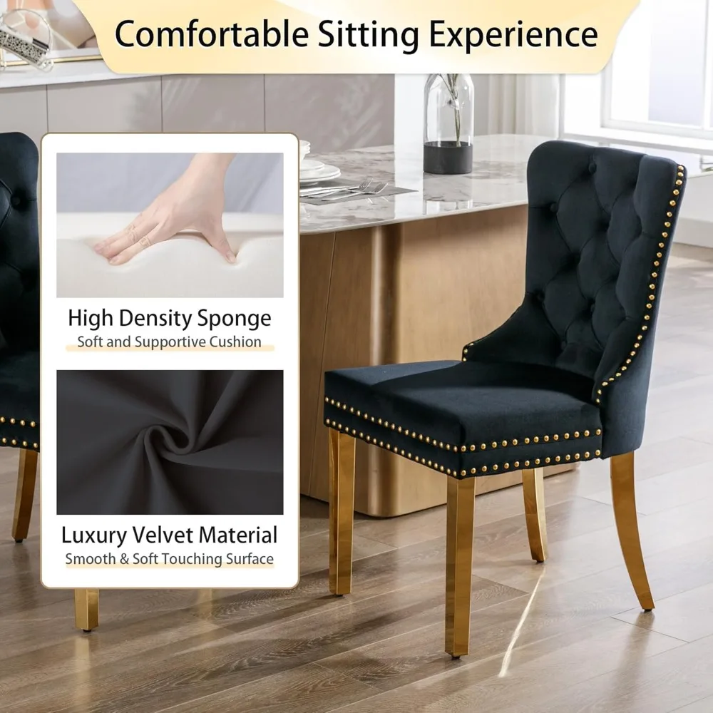 Tufted Velvet Chairs with Golden Stainless Legs, Rivet Trim Metal Pull Ring Large Back for Kitchen Dining Room Restaurant