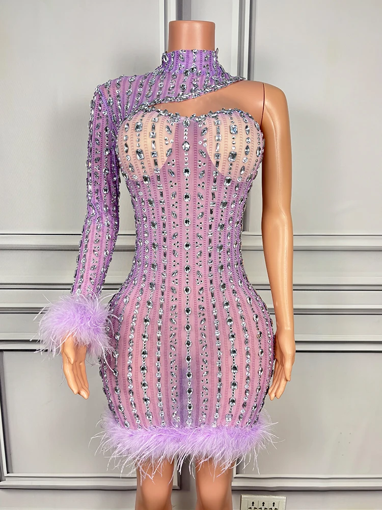 Rhinestone Party Dresses Gogo Dancer Clothing Nightclub Singer Stge Performance Clothes Single Shoulder Sleeve Short Dress