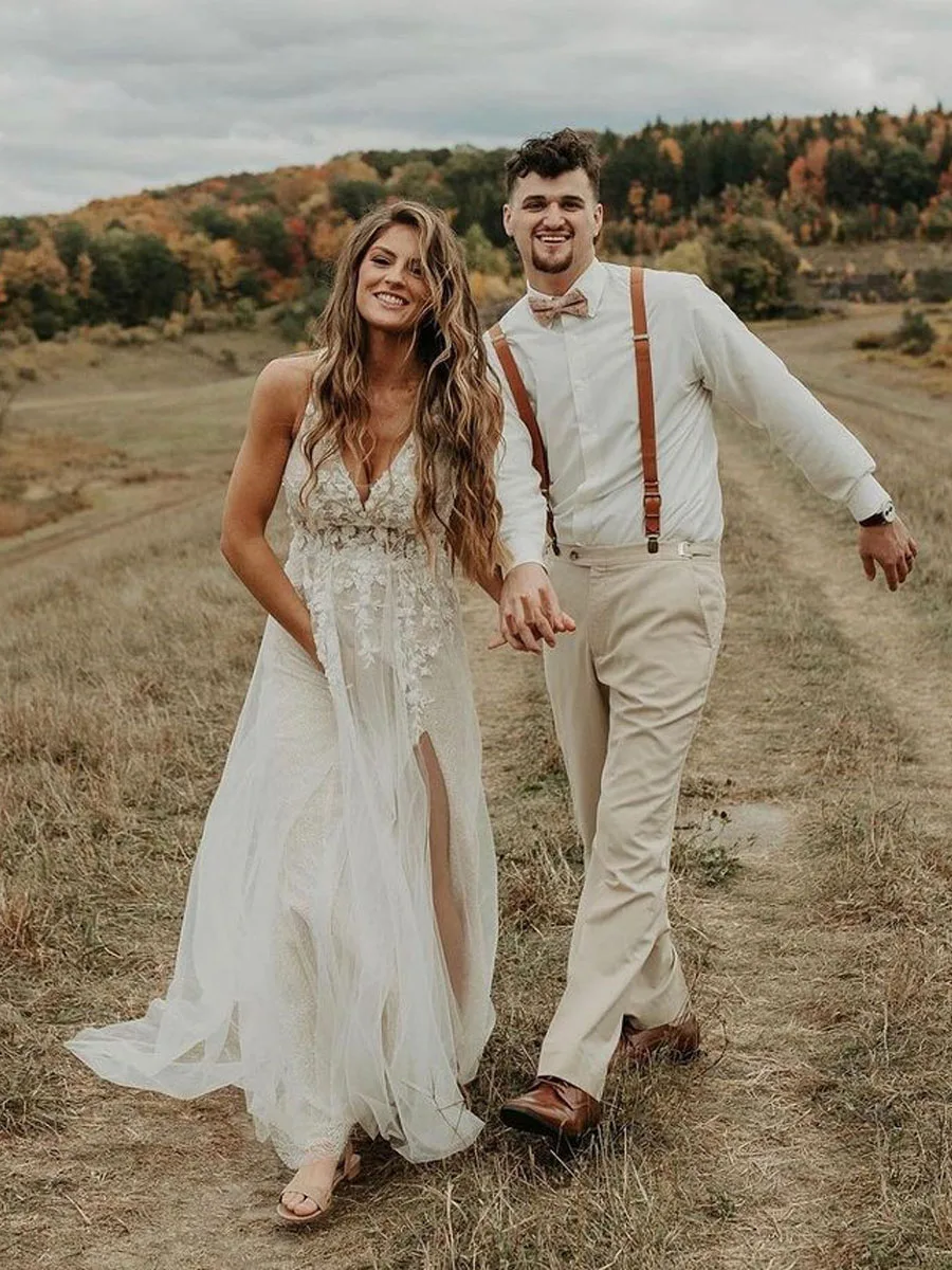 Robe de mariée bohème à col en V pour femme, robe trapèze, bretelles spaghetti appliquées, quelque soit le train du tribunal, 2022