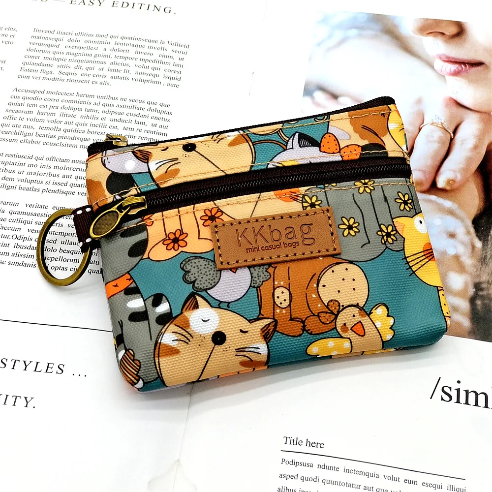 Women Polyester Cartoon Print Keychain Wallet Small Card Organizer Key Pouch Ladies Money Bag Coin Purse for Children Girls Boys