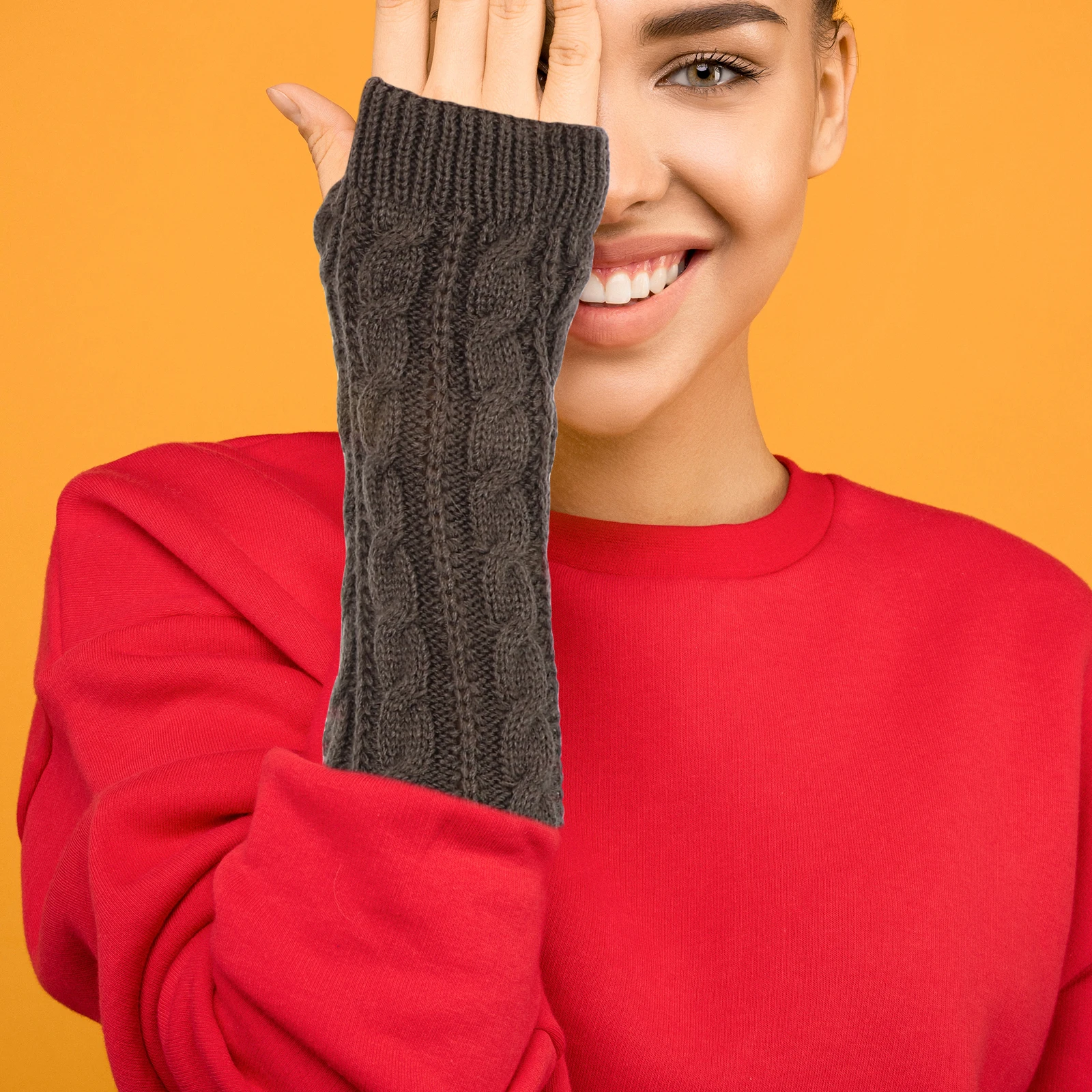 

Warm Arm Sleeves Knitted Fabric Dark Grey Fingerless Forearm Socks Winter Stylish Practical Gloves Long Work Striped Fitness