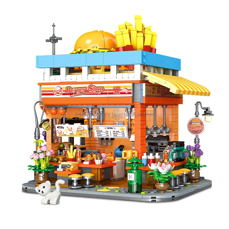 Burger Shop Fast Food Restaurants Model Building Blocks MOC JJ9082 City Street View Store Modular Bricks Set Gift Toy Kids Adult