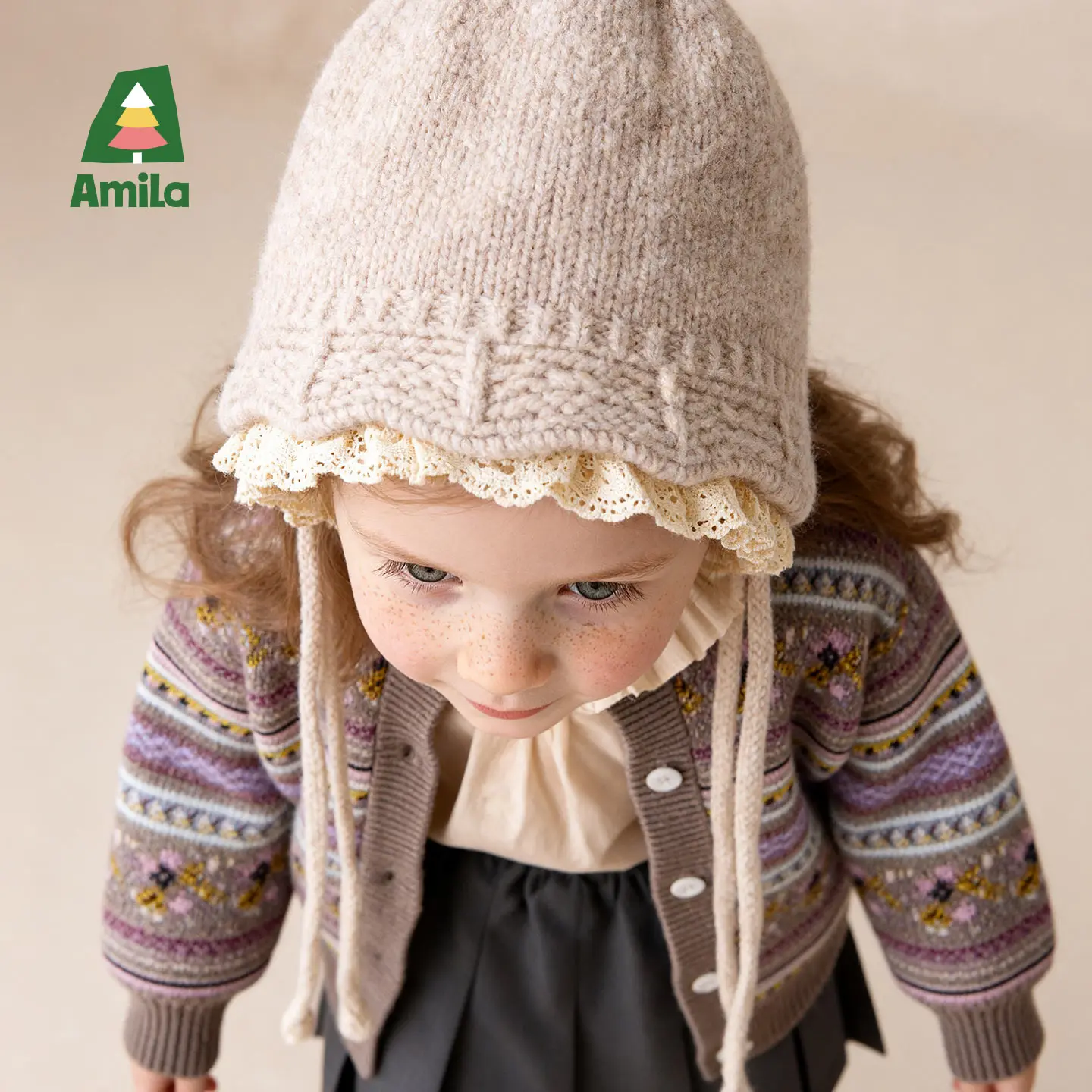 Amila キッズ 冬用ニットレースハット 女の子用、長持ちする暖かさ、防風性、調節可能な伸縮性、絶妙な甘さ