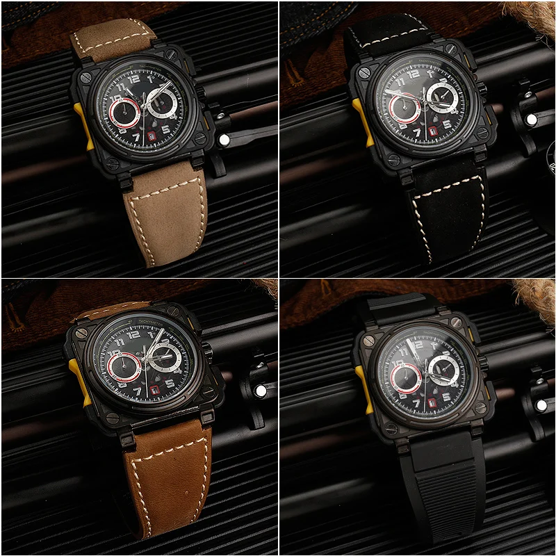 Real leather Watch band For Bell Ross BR01/BR03 Men\'s Pin Buckle Wristband  34*24mm Black/olivegreen Watch strap