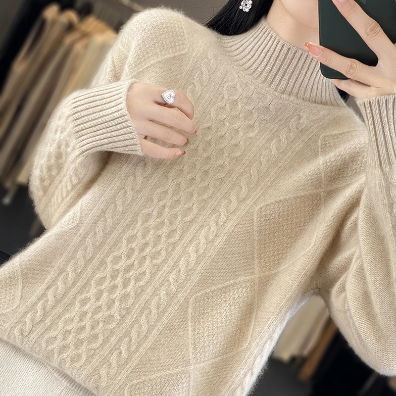 YSC 2024 New Women's Knitting Cashmere sweaters Half height collar Twisted pattern high-quality Thickened Loose&warm pullover