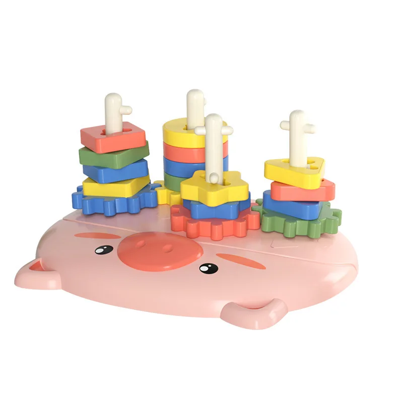 Piglet engrenagem bloco de construção educação engrenagem manga coluna pilha bloco pai interação cor cognição figura geométrica brinquedo