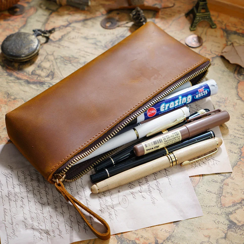 Genuine Leather Pencil Case Retro Large Capacity Fountain Pen Case Box Office School Stationery Pen Pencil Storage Pouch Holder