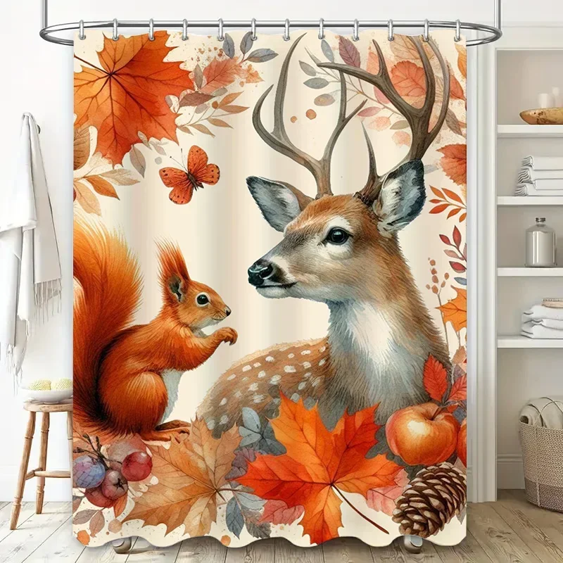 Autumn Leaves Decorative Shower Curtain Deer Squirrel Leaf Print Waterproof Bathroom Decor Modern DesignVVV