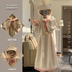 Sweet Cute Hooded Coral Velvet Robe Women Winter Pajamas Plush Thickened Warm Long Sleepwear Nightgown Kawaii Bathrobe Loungwear