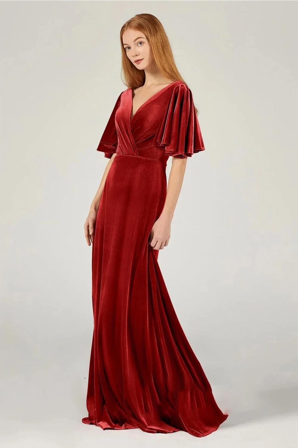 Women Velvet N-Neck Ruffles Sleeves Bridesmaid Dresses Backless Pleated A-Line Floor-Length Zipper Formal Party Evening Dresses