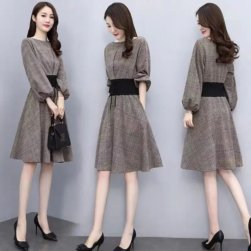 

Women Spring Autumn Plaid Midi Dress 2023 Office Lady Graceful Patchwork Slim Waist Puff Sleeve Dresses Fashion Joker Clothing