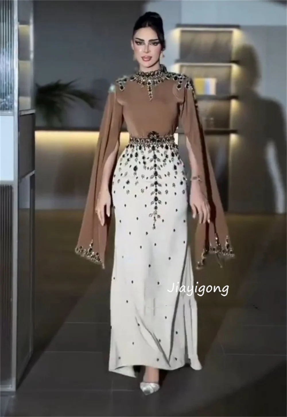 Customized Formal Jersey Sequined Pattern Mermaid High Collar Long Bespoke Occasion Evening Dresses Fashion image 2